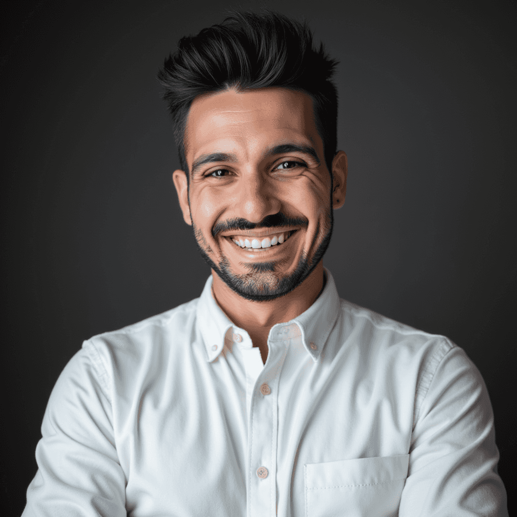 Professional AI headshot of a man in a white shirt with an office backdrop.