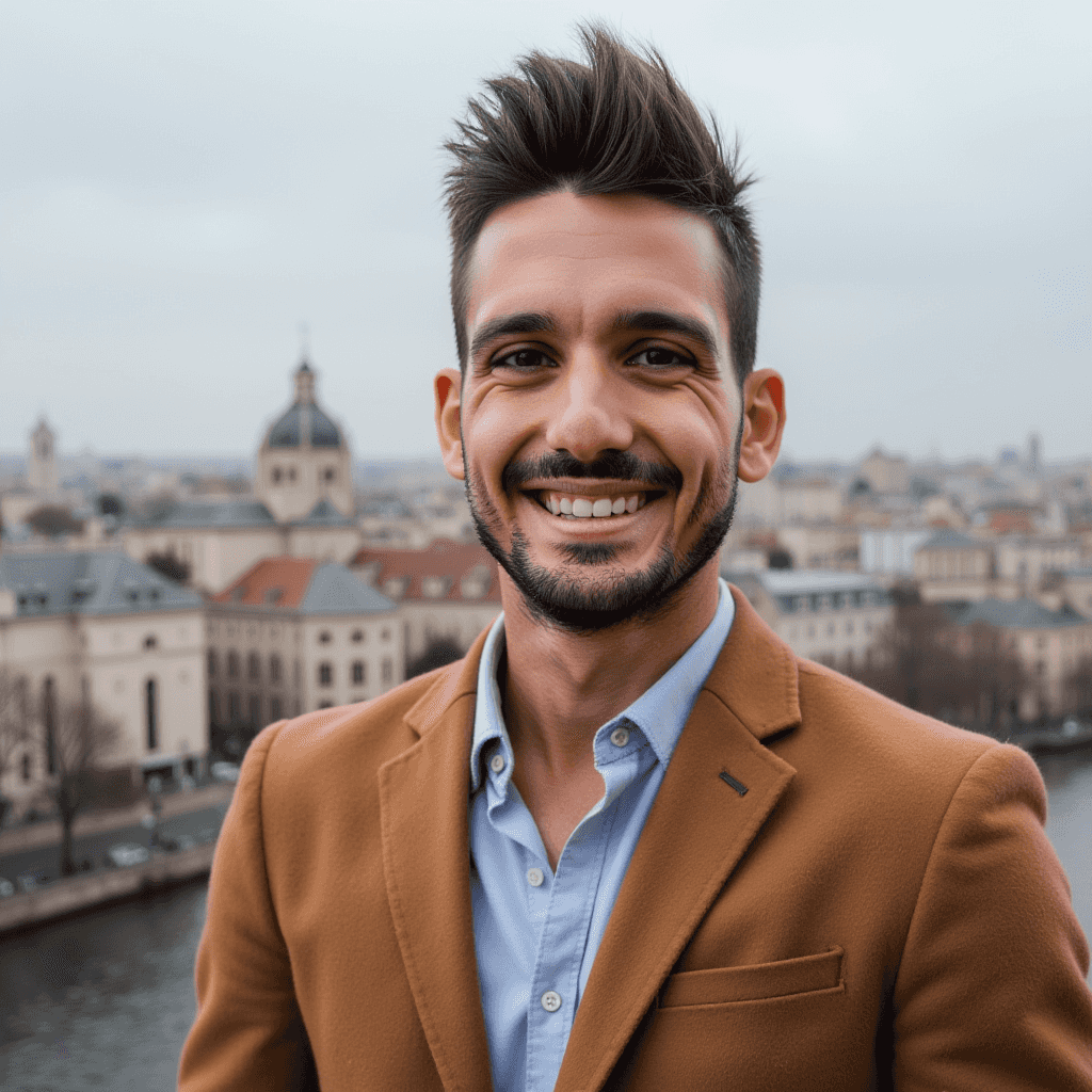 AI headshot of a man in a brown suit with a professional city skyline background.