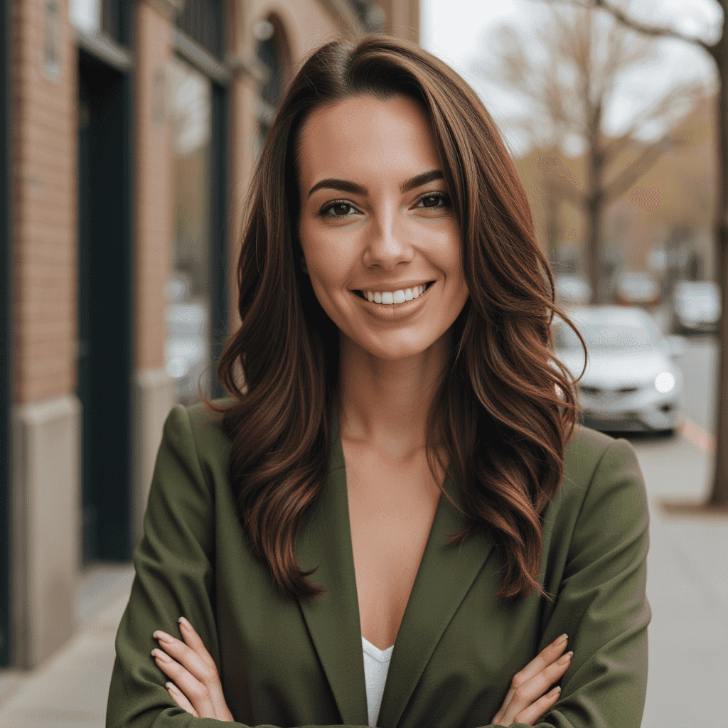 AI business portrait showcasing a woman in a green outfit with an urban citypark background.