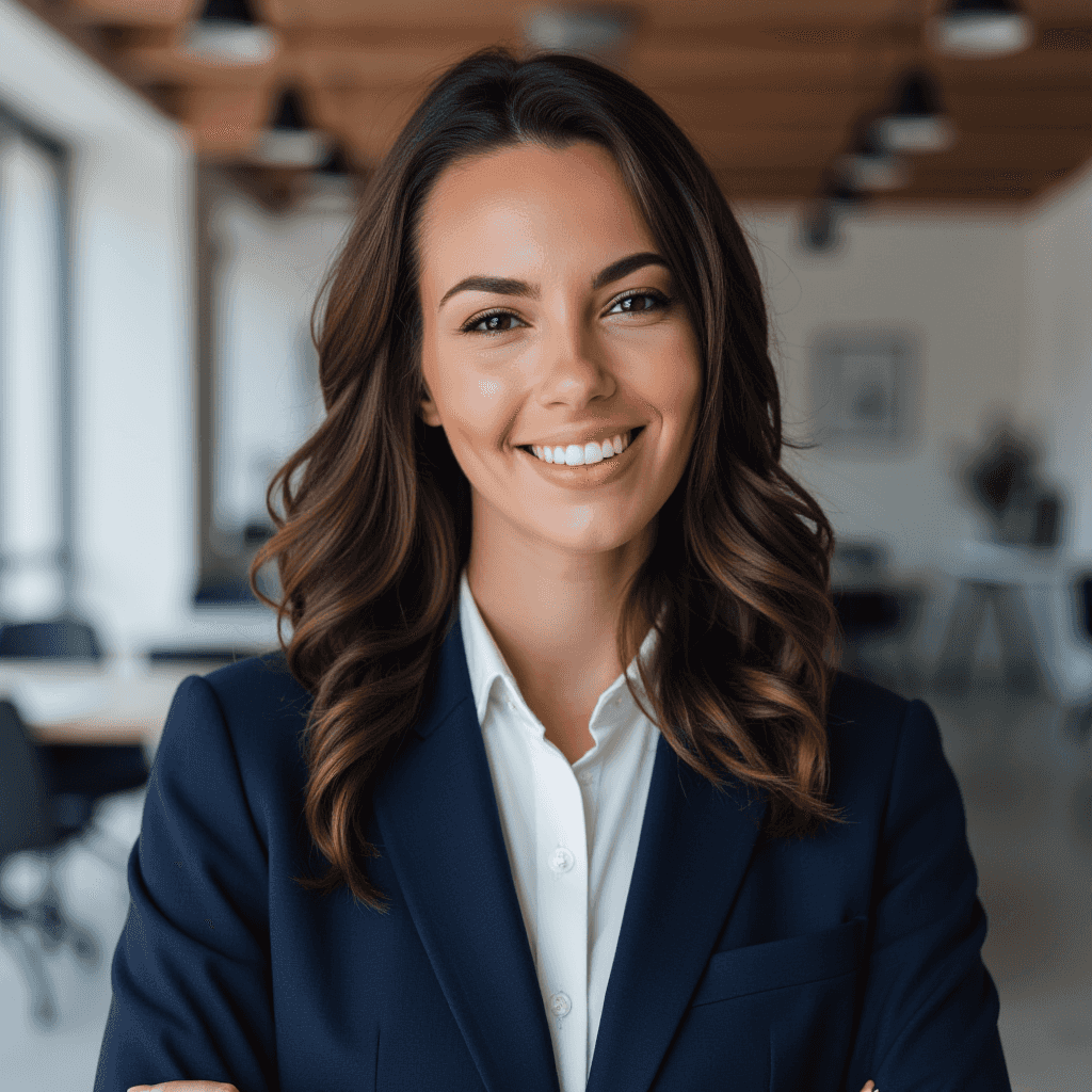 Business portrait by AI showing a woman in a blue outfit with an office setting.