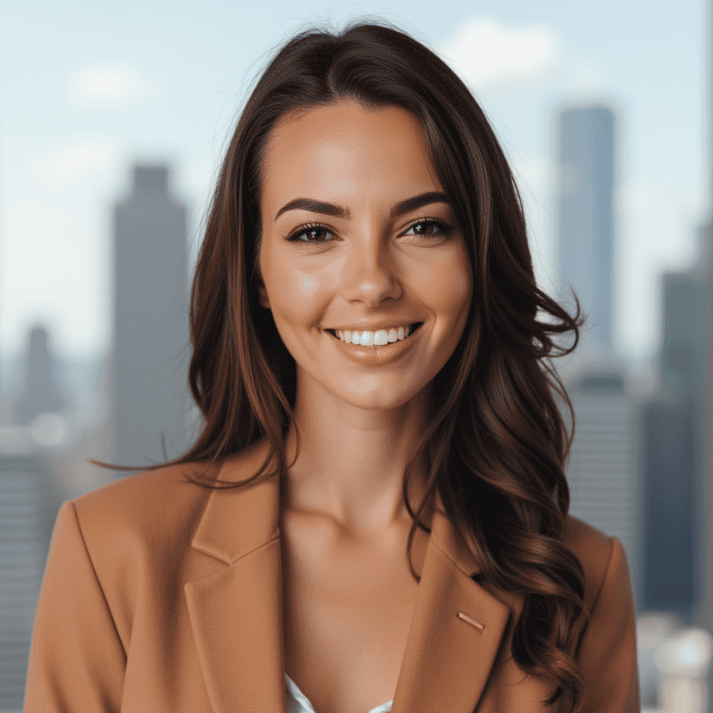 AI-generated professional headshot of a woman in a brown suit with a city skyline.